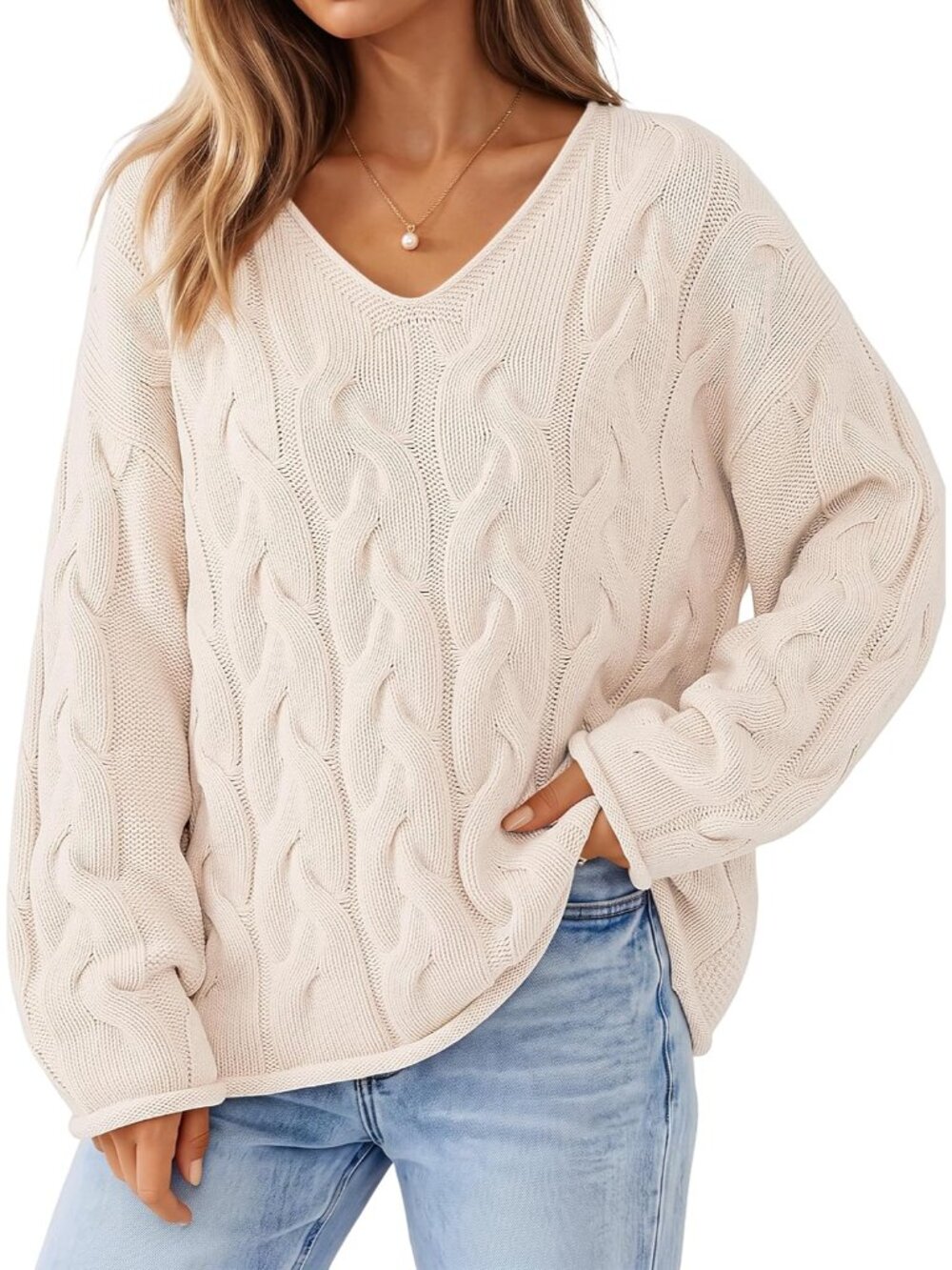 Cozy Oversized V-Neck Cable Knit Sweater for Women